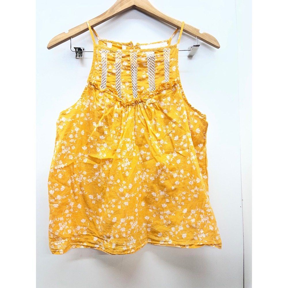Maeve Anthropologie Yellow Floral Lace Trim Ruffle Halter Tank Top Small